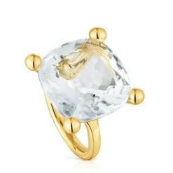 Anel grande banhado a ouro de 18 K sobre prata e quartzo de cristal de rocha Color White