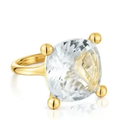 Anel grande banhado a ouro de 18 K sobre prata e quartzo de cristal de rocha Color White