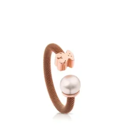 Anel Icon Mesh em Aço e Prata Vermeil rosa com Pérola