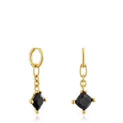 Brincos de argola compridos banhados a ouro de 18 K sobre prata e ónix Color Black