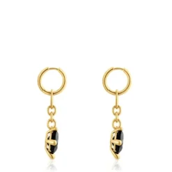 Brincos de argola compridos banhados a ouro de 18 K sobre prata e ónix Color Black