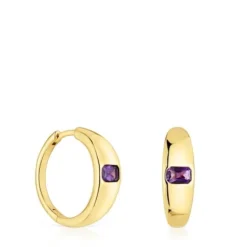 Brincos de argola curtos banhados a ouro de 18 K sobre prata e ametista TOUS Basic Colors