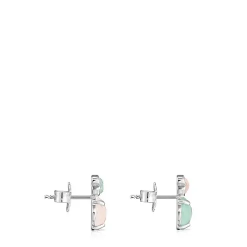Brincos Mini Color em Prata com Amazonite e Quartzo rosa