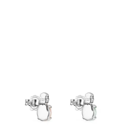 Brincos Mini Color em Prata com Amazonite e Quartzo rosa