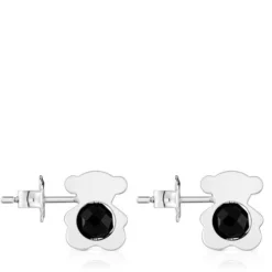 Brincos pequenos 12 mm urso em prata com ónix I-Bear