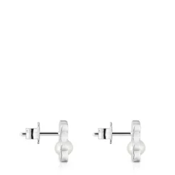 Brincos pequenos 10 mm urso em prata com pérolas cultivadas I-Bear