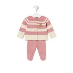 Conjunto de malha de bebé Tricot às riscas cor-de-rosa