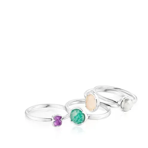 Pack de Anéis Cool Color em Prata e Pedras preciosas