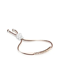 Pulseira de cordão castanho e bege com urso em prata Bold Bear