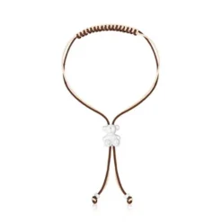 Pulseira de cordão castanho e bege com urso em prata Bold Bear