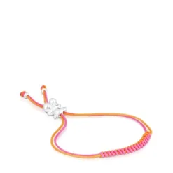 Pulseira de cordão fúcsia e laranja com urso em prata Bold Bear