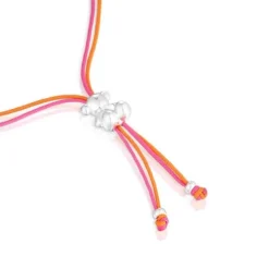 Pulseira de cordão fúcsia e laranja com urso em prata Bold Bear