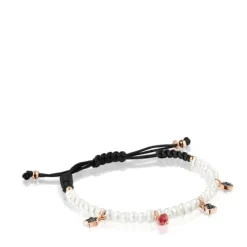 Pulseira Motif de Pérolas e Cordão preto com Prata Vermeil rosa e Pedras Preciosas