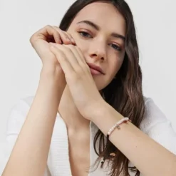Pulseira Motif de Pérolas e Cordão preto com Prata Vermeil rosa e Pedras Preciosas