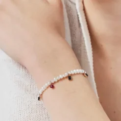 Pulseira Motif de Pérolas e Cordão preto com Prata Vermeil rosa e Pedras Preciosas