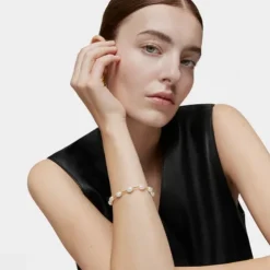 Pulseira tubo banhada a ouro de 18 K sobre prata e pérolas cultivadas Gloss