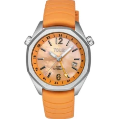 Relógio gmt automático  com correia de silicone na cor salmão, caixa em aço e mostrador em madrepérola TOUS Now