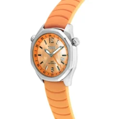 Relógio gmt automático  com correia de silicone na cor salmão, caixa em aço e mostrador em madrepérola TOUS Now