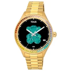 Relógio smartwatch T- Shine Connect com bracelete em aço IP dourado e zircónias rainbow