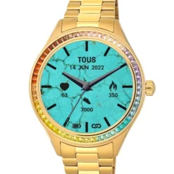 Relógio smartwatch T- Shine Connect com bracelete em aço IP dourado e zircónias rainbow